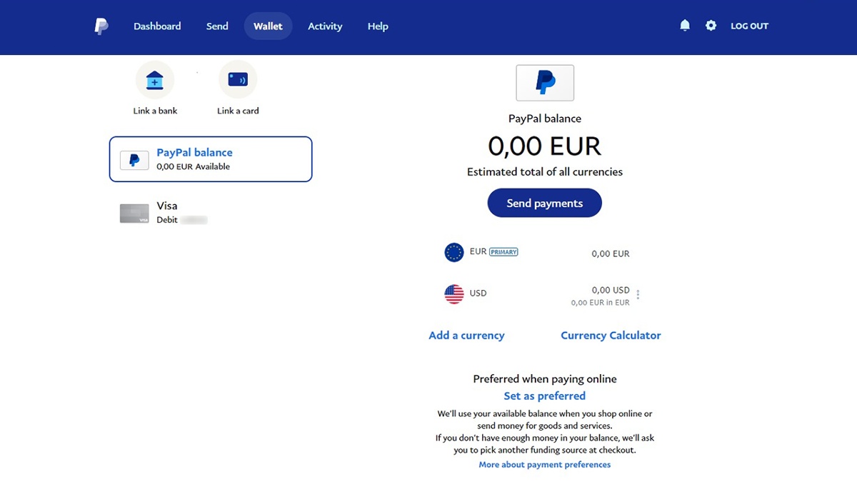 PayPal account balance overview